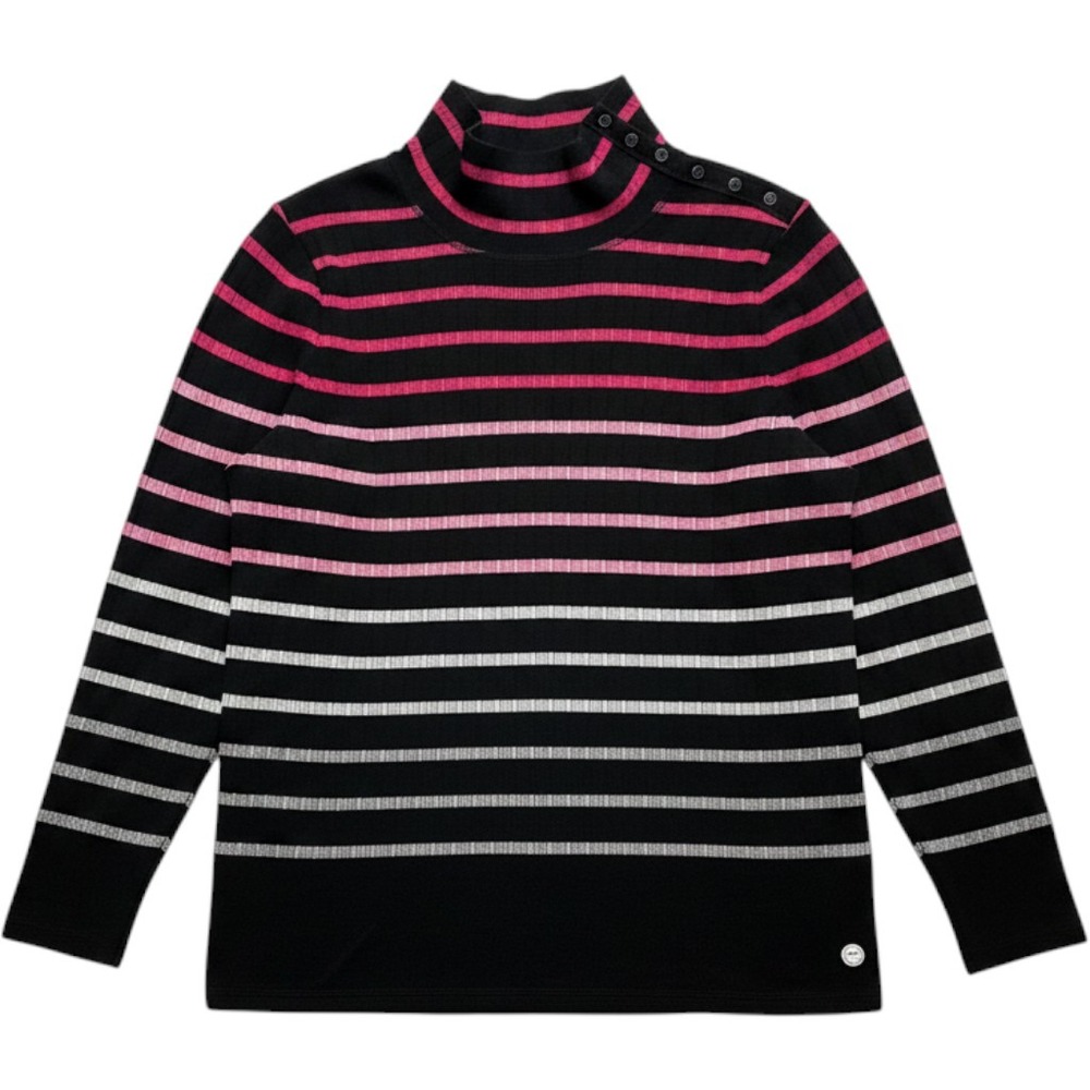 T by Talbots Womens 1X Black Pink Striped Button Shoulder Turtleneck Top VN259